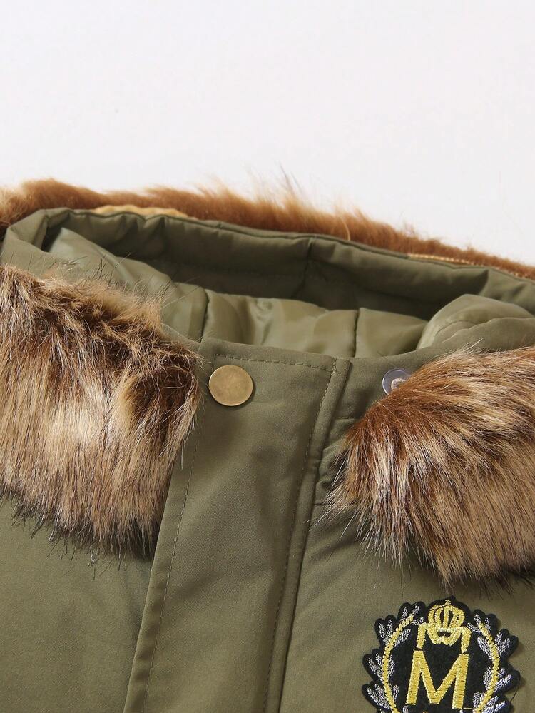 Young Boy 1pc Patched Detail Fuzzy Trim Hooded Padded Coat