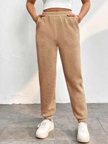 SHEIN PETITE Chất rắn Xiên Eo đàn hồi Túi Quần thể thao - Cà phê nâu - Xem 3