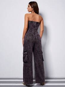 SHEIN EZwear Flap Pocket Side Denim Tube Jumpsuit - Dark Wash - View 2