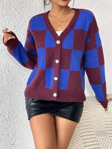 SHEIN Essnce Hoa văn kẻ sọc Thả vai Áo len Mở - Đỏ - Xem 6