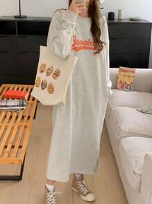 DAZY 字母图案落肩开衩下摆T恤连衣裙，秋装长袖连衣裙 - 灰色 - 查看 8