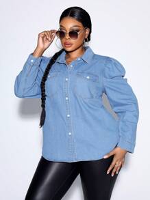 SHEIN SXY Plus Gigot Sleeve Flap Pocket Denim Blouse - Blue - View 5