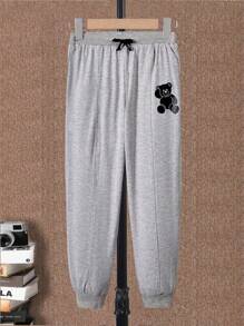 男大童小熊印花腰部抽繩衛褲 - 淺灰色 - 查看 1