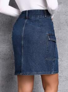 SHEIN Essnce 側翻蓋口袋工裝牛仔半身裙 - 藏蓝色 - 查看 3