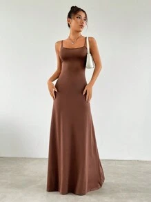 SHEIN EZwear Solid Cami Floor Length Dress - Brown - View 5