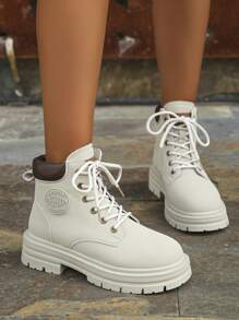 Botas altas para mujer, botines de suela gruesa, botas para deportes al aire libre y moto - Gris - Ver 3