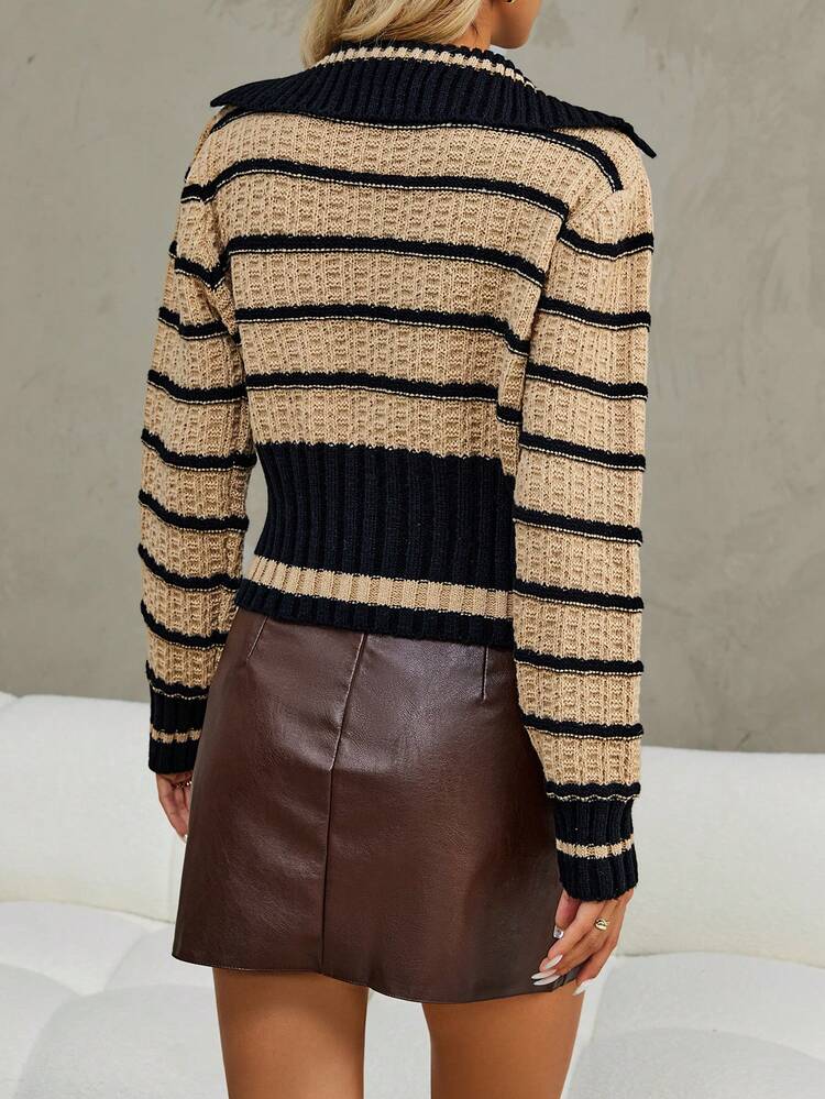 Striped Pattern Contrast Trim Knit Pullover Fall Winter Sweater