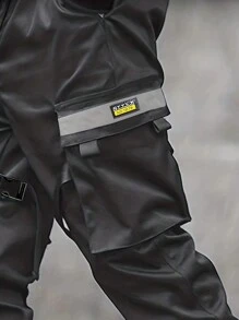 Men's Multi-Pocket Reflective Striped Decoration Cargo Pants, For Fall - Grey - View 4