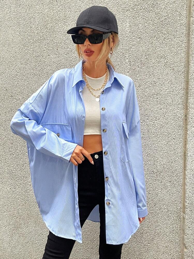 Striped Flap Pocket Drop Shoulder Shirt Fall Cloth For Women