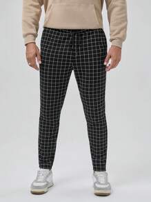 GENTILAND Men Plus Grid Print Drawstring Waist Pants - Black and White - View 5