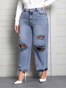 SHEIN Privé Hơn Cao eo Quần jean ống rộng rách - Màu xanh lam - Xem 5