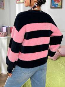 SHEIN EZwear Two Tone Drop Shoulder Fuzzy Sweater - Pink - View 2