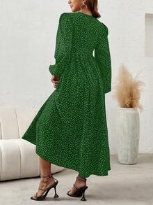 Maternity Polka Dot Print Lantern Sleeve Belted Dress - Multicolor - View 2