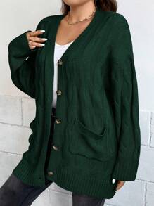 SHEIN Clasi Talla grande Cárdigan tejido de cable de hombros caídos con parche de bolsillo - Verde Oscuro - Ver 3