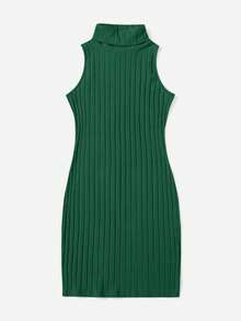 SHEIN Essnce Áo cao cổ Đồ đan Ribbed Đầm - Màu xanh lá cây đậm - Xem 4
