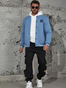 Manfinity Homme Men Plus Letter Patched Striped Trim Bomber Jacket Without Hoodie - Blue - View 6