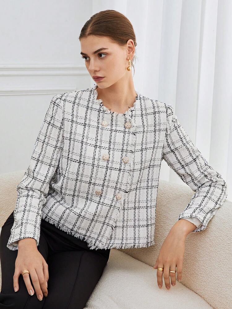 Plaid Pattern Raw Trim Double Breasted Overcoat