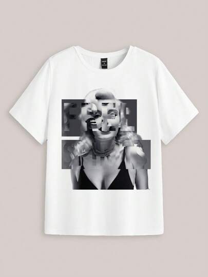 Coolane Figure Print Casual Elastic Form-Fitting Round Neck Short ...