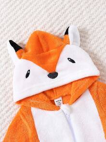 女孩嬰兒卡通刺繡3D耳朵設計連帽連身褲&3D耳朵設計連帽連身褲 - 橘色 - 查看 4