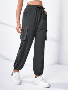 Easithlete 側翻蓋口袋腰部抽繩工裝運動褲 - 深灰色 - 查看 7