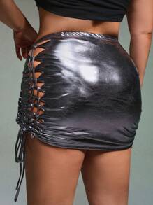 SHEIN ICON Plus Lace Up Side Drawstring Side Bodycon Skirt - Silver - View 4