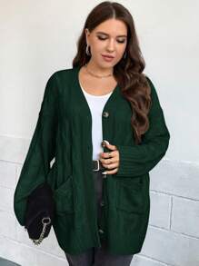 SHEIN Clasi Talla grande Cárdigan tejido de cable de hombros caídos con parche de bolsillo - Verde Oscuro - Ver 6