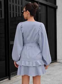 GENKIRA In sọc Tay áo lồng đèn Viền Ruffle Váy có thắt lưng - Xanh và trắng - Xem 2