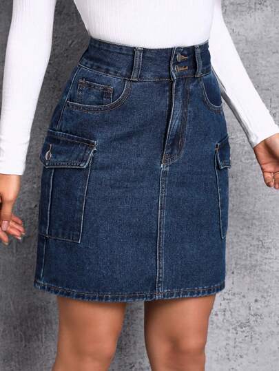 SHEIN Essnce 側翻蓋口袋工裝牛仔半身裙