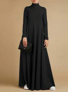 Solid High Neck Maxi Dress - màu đen - Xem 3