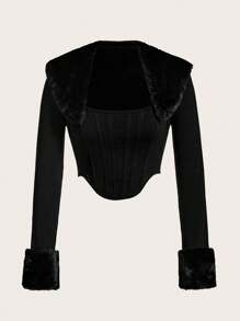 SHEIN ICON Borg Collar Asymmetrical Hem Crop Tee - Black - View 1
