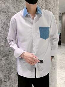 Manfinity Hypemode 男士對比色拼接口袋鈕領長袖襯衫 - 白色 - 查看 3