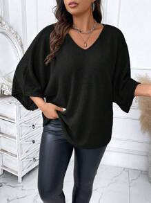 Calvaya Hơn Chất rắn tay cánh Cổ v Áo thun - màu đen - Xem 1