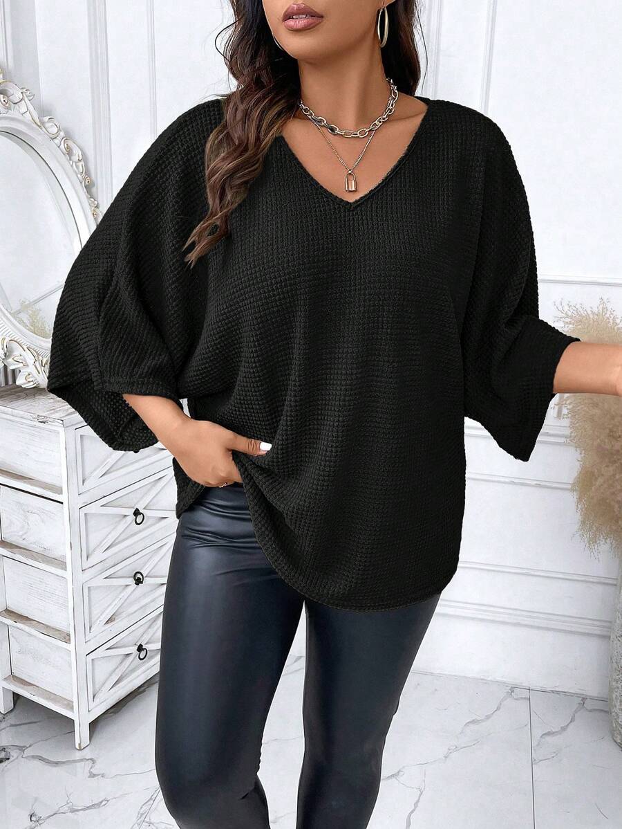 Calvaya Hơn Chất rắn tay cánh Cổ v Áo thun - màu đen - Xem 1