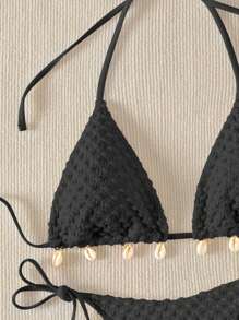 SHEIN Swim 夏季沙灘貝殼裝飾三角比基尼套裝 - 黑色 - 查看 4