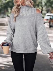 SHEIN LUNE Cold Shoulder Lantern Sleeve Sweatshirt - Grey - View 4