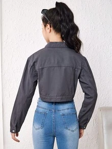 Teen Girl Flap Detail Crop Denim Jacket - Dark Grey - View 2
