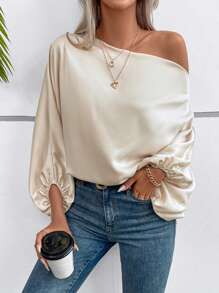 EMERY ROSE Asymmetrical Neck Batwing Sleeve Satin Blouse One Shoulder Top Fall Cloth For Women - Apricot - View 6