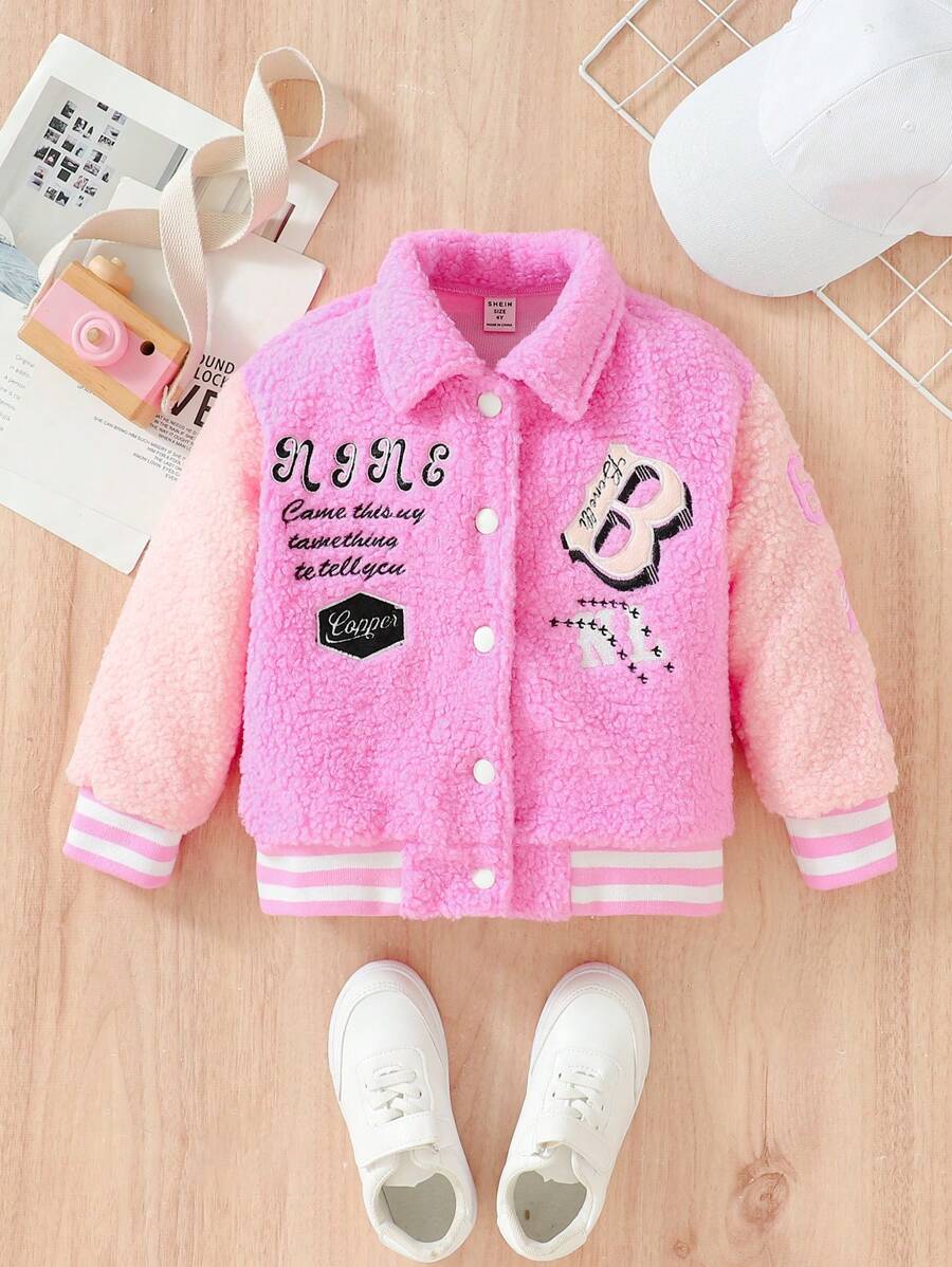 SHEIN Cô Gái Trẻ Thêu Khẩu hiệu Sọc trang trí Áo Teddy Jackets - Hồng - Xem 1