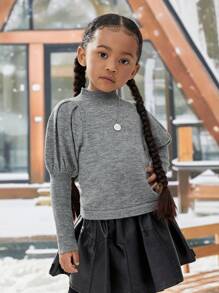 春季秋季女孩休閒羊腿袖立領毛衣 - 灰色 - 查看 1