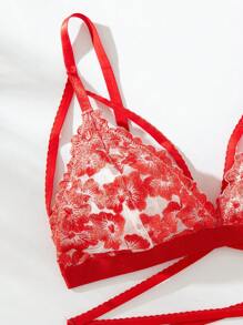 SHEIN Set de lencería con bordado floral de malla - Burdeos - Ver 4