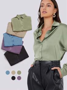 BizChic Single Breasted Solid Satin Blouse Workwear - Mint Green - View 1