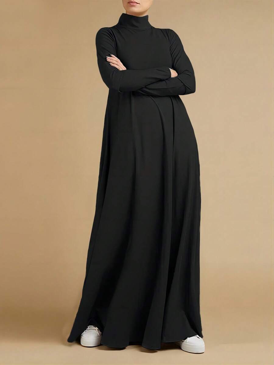 Solid High Neck Maxi Dress - màu đen - Xem 1