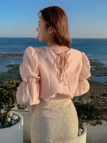 DAZY Chất rắn Vòng cổ Áo sơ mi - Hồng - Xem 2