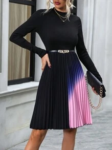 SHEIN LUNE 漸層百褶下擺A字洋裝 - 黑色 - 查看 4