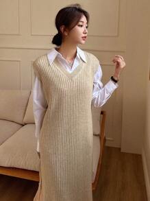 DAZY Split Hem Sleeveless Sweater Dress Without Blouse,Fall Clothes - Khaki - View 6