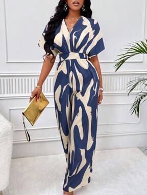 SOLERSUN Allover Print Batwing Sleeve Belted Jumpsuit