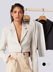 BizChic 女士短款夹克，单排扣短款西装外套，适合城市通勤和正式场合的商务休闲外套，秋冬 - 米色 - 查看 1