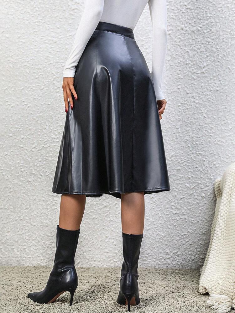 High Waist Single Breasted PU Leather Flare Skirt
