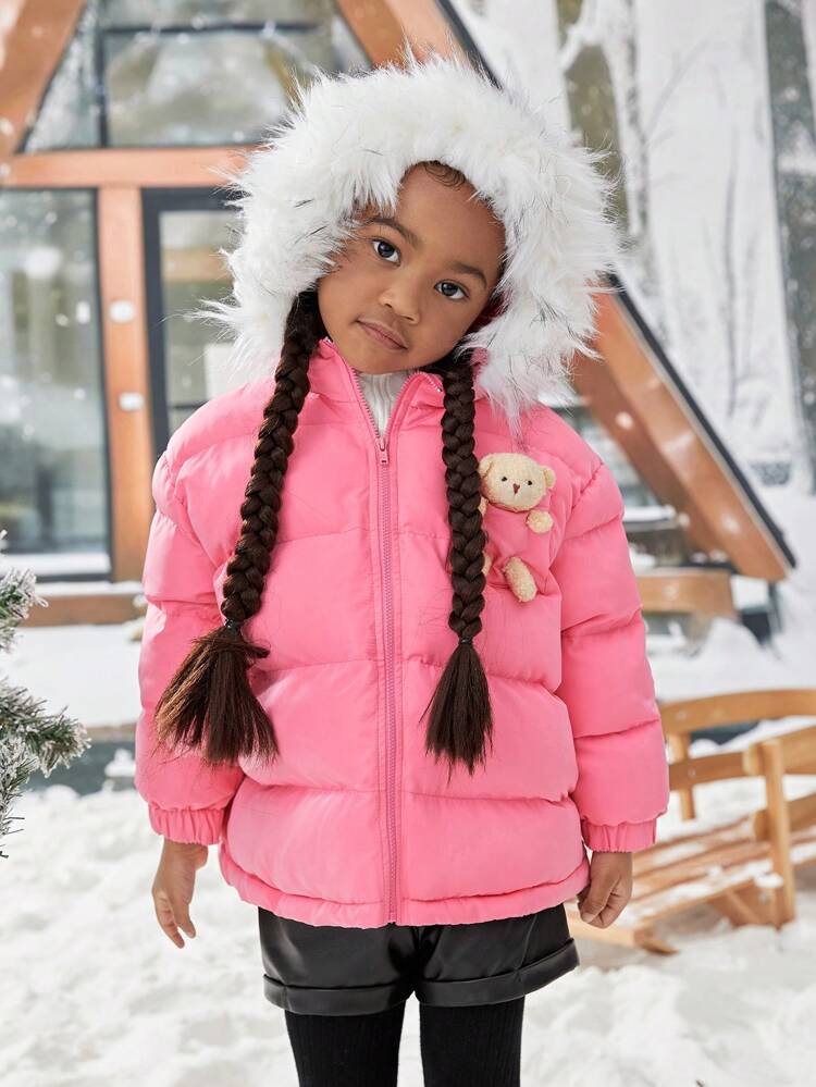 Young Girl Bear Decor Zip Up Fuzzy Trim Hooded Padded Coat