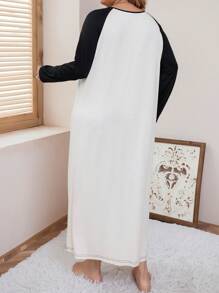 大碼標語圖案拼接插肩袖睡裙 - 杏色 - 查看 2